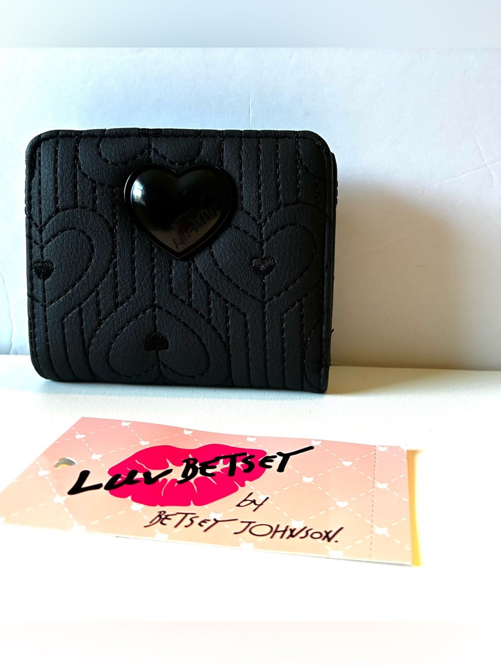 Betsey Johnson Black Quilted Heart Compact Wallet